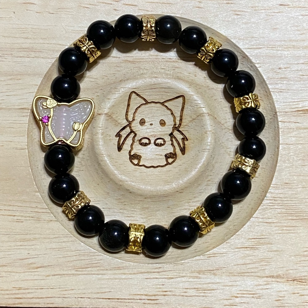 Black Tourmaline crystal bracelet with a butterfly charm